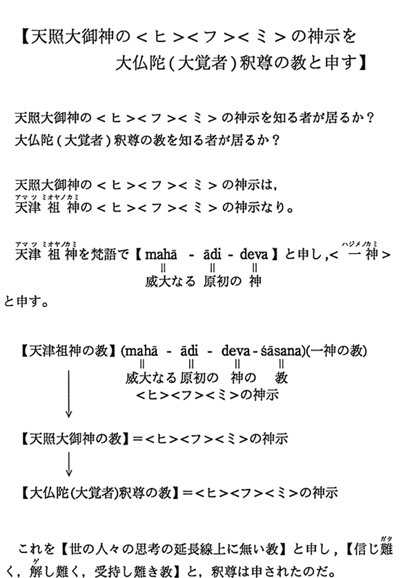 【天照大御神の＜ヒ＞＜フ＞＜ミ＞の神示を大仏陀（大覚者）釈尊の教と申す】